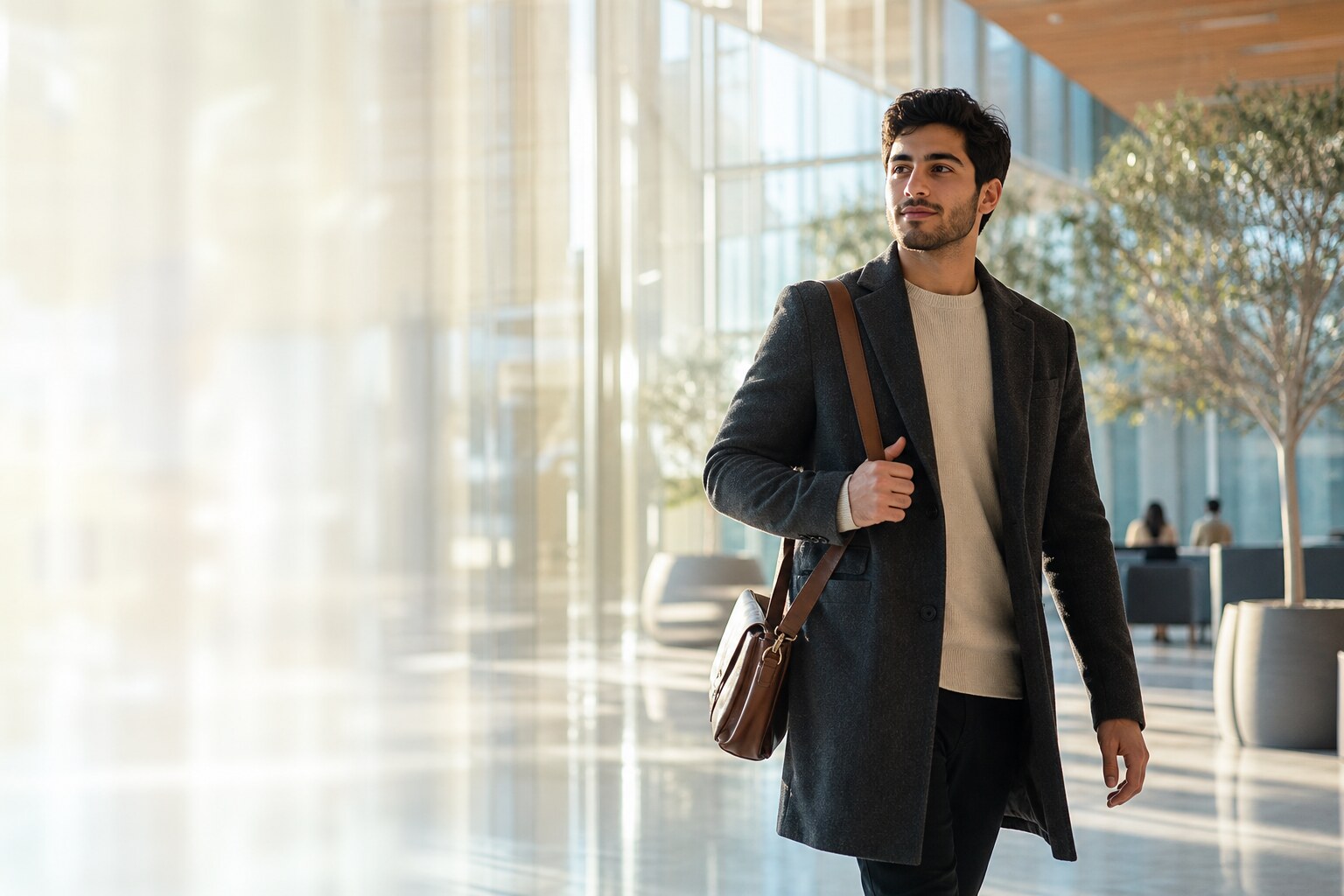 A student walking through a modern university atrium
