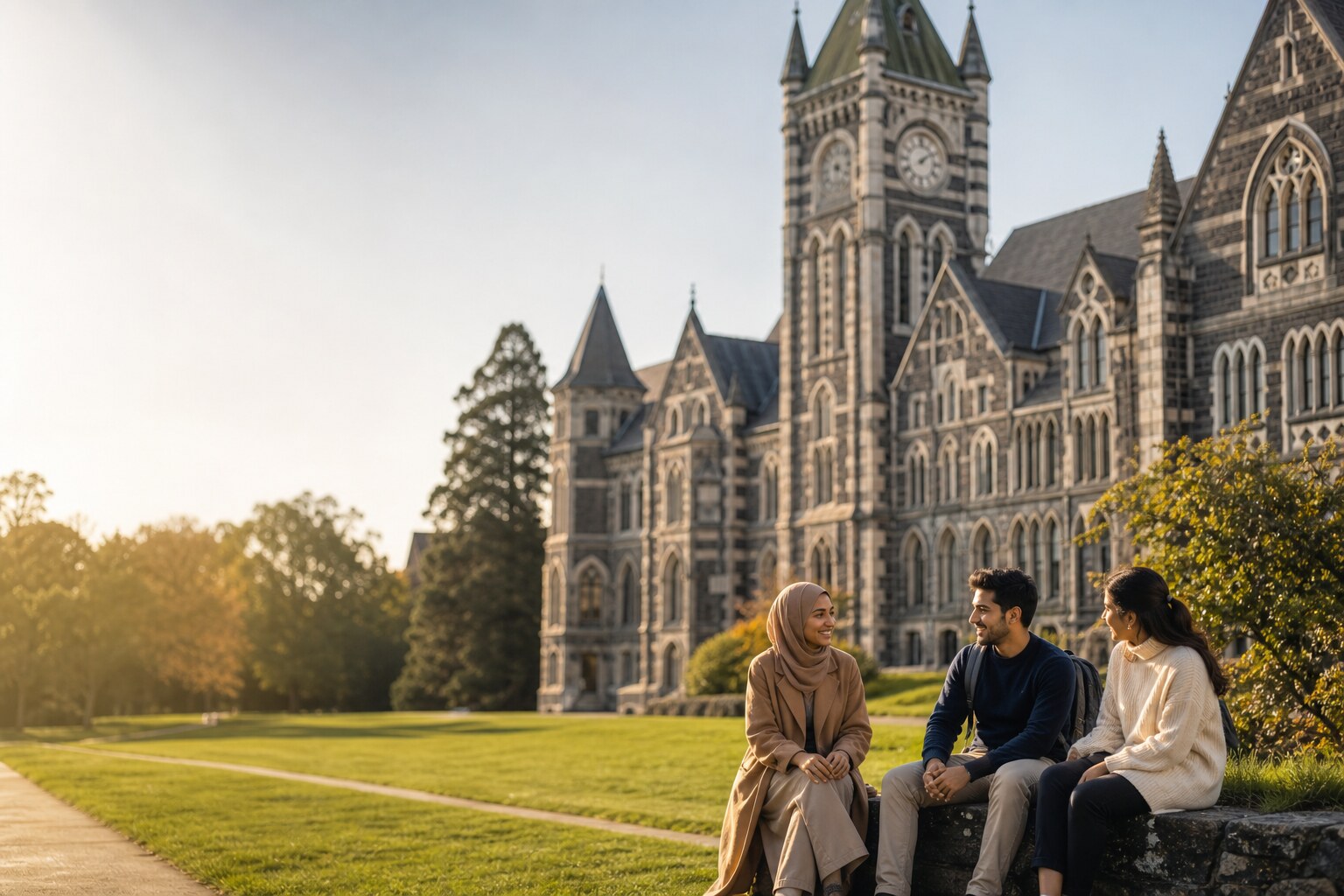 Students talking on a New Zealand university campus lawn